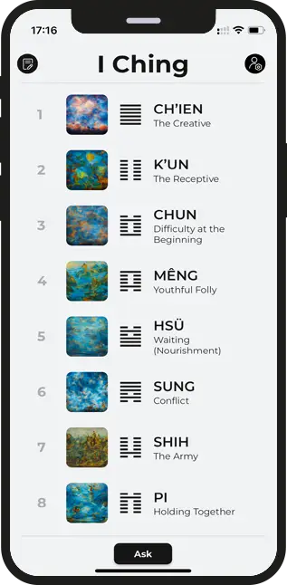 aiching app main screen of a list of all the 64 hexagrams