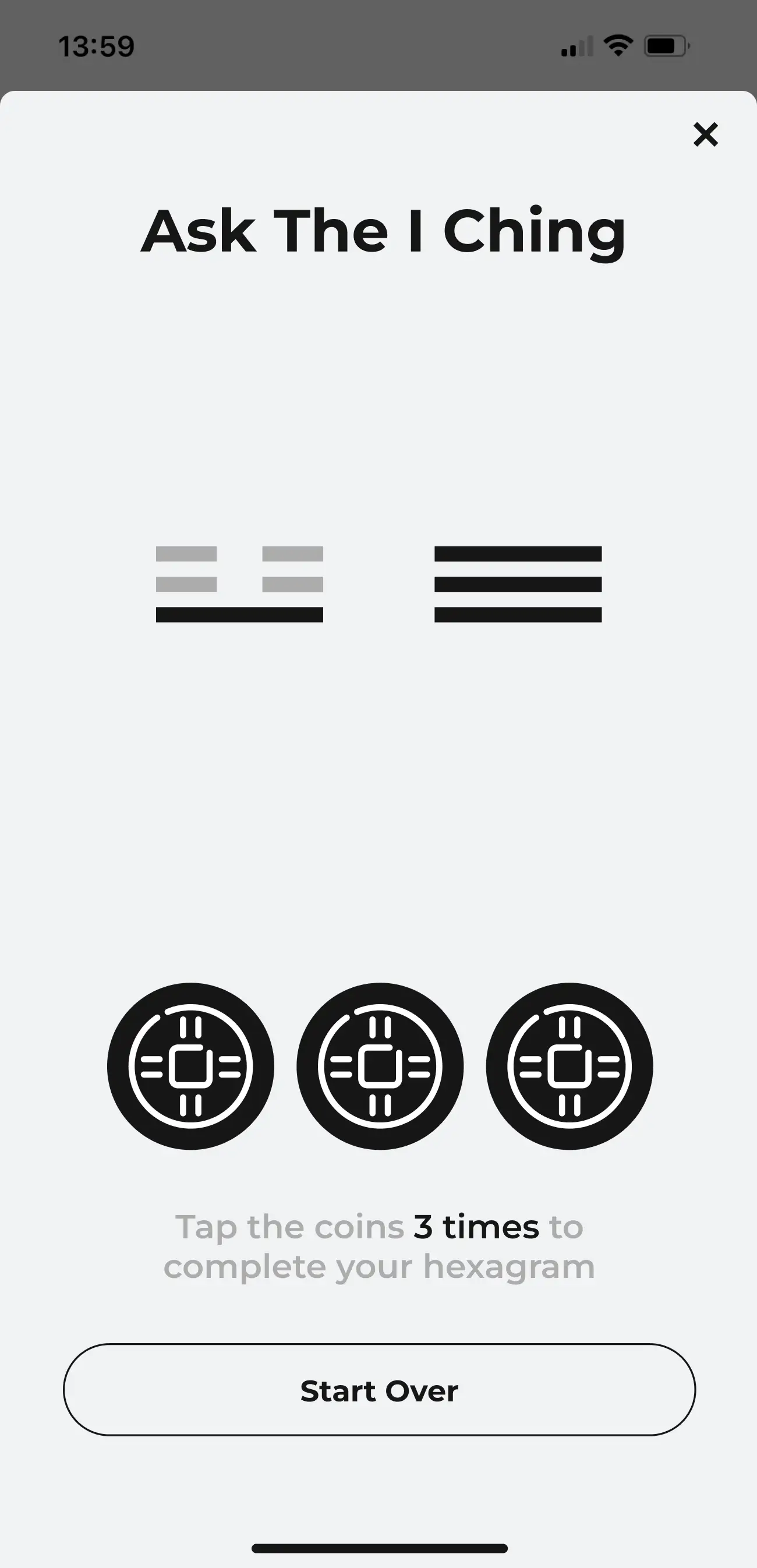 click the coins to generate hexagram screen