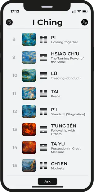 list view of all the 64 hexagrams in the aiching app screen